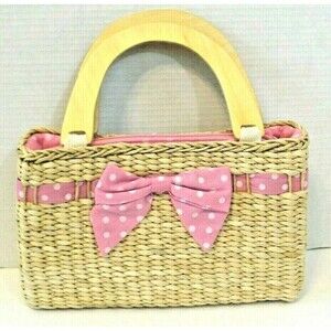 Raffia Straw Purse Vintage Pink Polka Dot Gingham Bow Handbag Wooden Handles